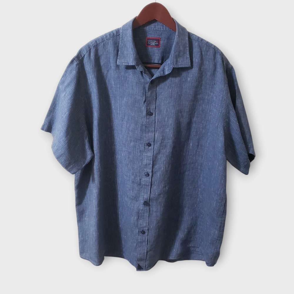 UNTUCKit Canon Linen Shirt Blue Stripe Short Sleeve Relaxed Fit Mens‎ XXL